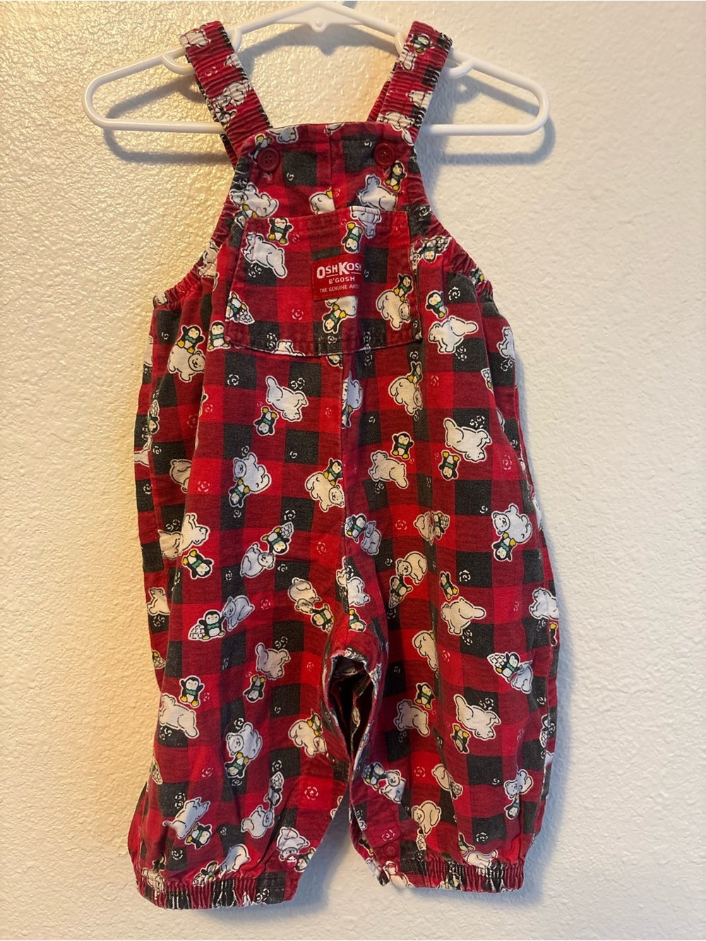 Vintage OshKosh B'gosh Red and Black Plaid Overalls with Penguin and Polar Bears